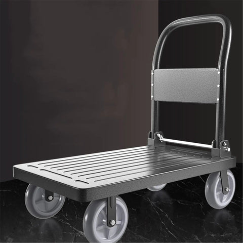Heavy Duty Foldable Platform Trolley With Smooth As Butter Eight Inch Rubber Wheels And Trustworthy Parking Brake For No Sweat Setup Beast Mode Sack Truck Hauling, black platform with handle and rubber wheels.