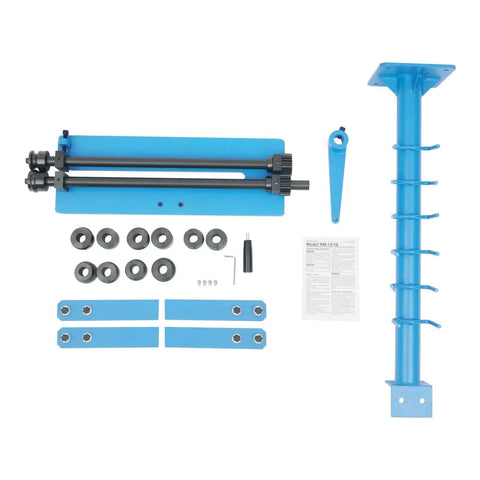 Sheet Metal Bead Roller Bending Machine with 18 inch throat depth, 1.2mm Q235 steel, 6 dies, stand, and crank tool parts displayed