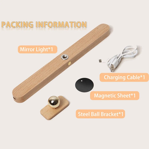 Wooden Vanity Light Bar With 360 Degree Magnetic Rotatable Led USB Rechargeable And Battery Powered Dimmable Warm White Lighting For Makeup Mirror Bedroom Or Bathroom Vibes Brown Finish shown with charging cable, magnetic sheet, and steel ball bracket.