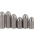 Premium 304 Stainless Steel Ball Plunger Set Screws Featuring A Slick Hex Socket And Burr Free Finish Rock Solid 10 Pack in a row.