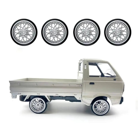 WPL D12 D42 compatible rubber drifting tires and slim wheel kit on RC truck for road racing upgrade
