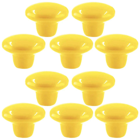Level Up Your Kitchen With These 10 Piece Yellow Ceramic Cabinet Knobs Round 1 5 Inch Drawer Pulls Including Heavy Duty Screws And Snazzy Durable Porcelain Construction For A Killer Home Upgrade. Ten glossy yellow ceramic knobs arranged in two rows.