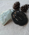Samurai Sword Koshirae With Tsuba Alloy 081-099 Black Finish Two Girl Motif detailed view with rustic pinecones