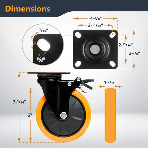 POWERTEC 6-inch swivel caster wheels, set of 4 with dual locking brakes; orange wheels on black mounting plate.