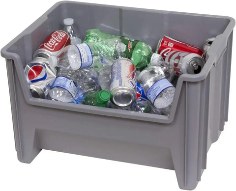 Heavy Duty Stackable Storage Bins For Garage And Closet Organization Open Front Plastic Organizer For Tools And Shelves 15 By 20 By 12 And A Half Inches Gray 3 Pack filled with cans and bottles