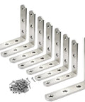 Heavy Duty Stainless Steel L Brackets 8 Pack Tough As Nails Corner Brace for Wood Furniture, showing eight brackets and included screws.