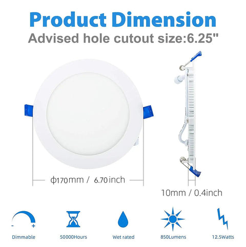 Front and side view of Slim 6 Inch Recessed LED Downlight Kit 12W 5 CCT Selectable Canless Ceiling Light With J Box Ultra Thin Dimmable