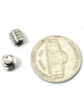 Hex Socket Set Screws 1/4-20 X 1/4 Stainless Steel 304 Cup Point Full Thread Grub Screws next to a nickel for scale.