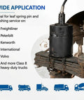 Pin And Bushing Kit Adapter For Heavy Duty Leaf Spring Removal On Class 8 Freightliner Cascadia Trucks, Press Tool That Fits Tiger Tool 15000, Makes Pin Extraction A Breeze On The Vehicle Chassis Without Lowering Hangers in use on a truck's leaf spring.