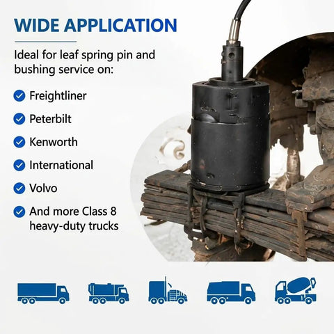 Pin And Bushing Kit Adapter For Heavy Duty Leaf Spring Removal On Class 8 Freightliner Cascadia Trucks, Press Tool That Fits Tiger Tool 15000, Makes Pin Extraction A Breeze On The Vehicle Chassis Without Lowering Hangers in use on a truck's leaf spring.