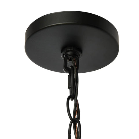 Matte black metal fixture from Magnolia Five Light Chandelier In White Washed Wood And Matte Black Metal Finish With Exposed Bulbs