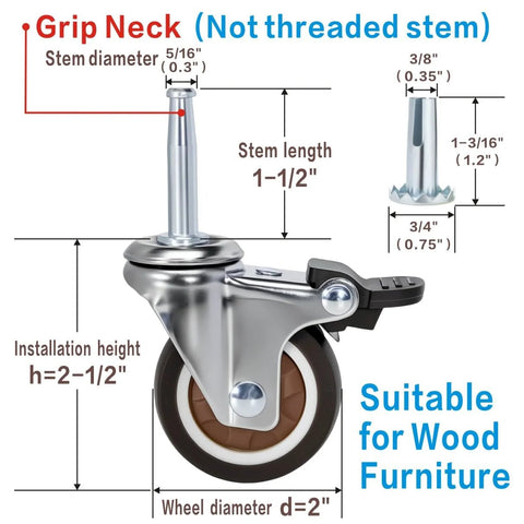 2 Inch Non Marring Rubber Caster Wheels 4 Pack With Brakes Five Sixteenths By One And One Half Inch Grip Neck Sleeve Plugs Heavy Duty
