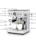 Premium Stainless Steel Automatic Espresso Coffee Maker With 19 Bar High Pressure Gauge And Slick Removable Water Tank For Hustle Free Home Brewing And Killer Frothy Drinks All Day Long In Classic Silver Finish showing controls and features.