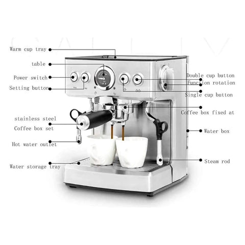 Premium Stainless Steel Automatic Espresso Coffee Maker With 19 Bar High Pressure Gauge And Slick Removable Water Tank For Hustle Free Home Brewing And Killer Frothy Drinks All Day Long In Classic Silver Finish showing controls and features.