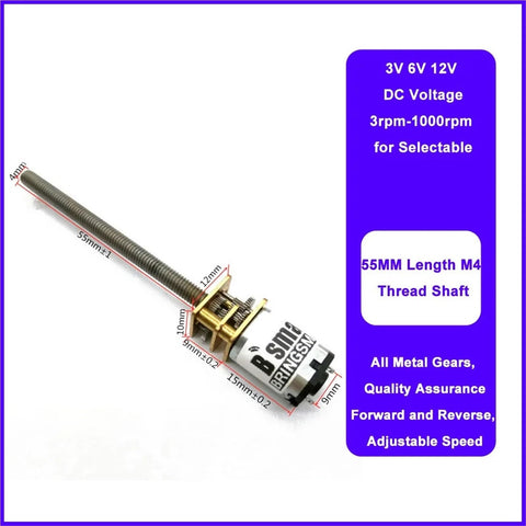 Top Grade N20 And M4 DC Gear Motor With 55mm Threaded Shaft showing a compact design for DIY robot frames, 3V 6V 12V options.