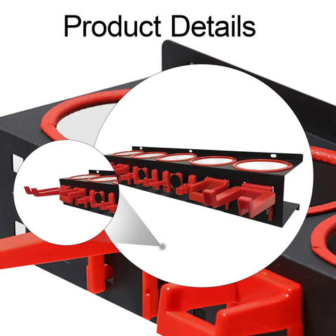 Heavy Duty Galvanized Steel Wall Mount Spray Bottle Rack Organizer with red attachments, keeping garage neat and tidy.