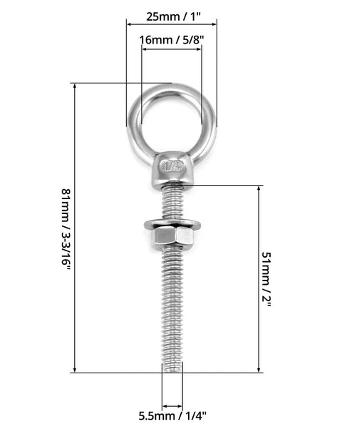 Diagram of Ten Pack 316 Stainless Shoulder Eyebolts One Quarter Inch By Two Inch With High Corrosion Resistance And Four Hundred Pounds Working Load Limit