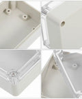 Top Tier 6 Pack Waterproof Electrical Box Enclosure With Clear Transparent Cover For Security Modules And Systems Ensures Easy Vis and Component Longevity Durable Abs Plastic Housing Perfect For Outdoor Home Installations inside view showing white plastic and clear cover.