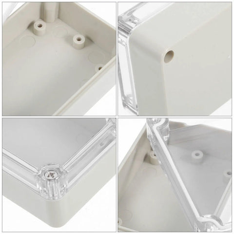 Top Tier 6 Pack Waterproof Electrical Box Enclosure With Clear Transparent Cover For Security Modules And Systems Ensures Easy Vis and Component Longevity Durable Abs Plastic Housing Perfect For Outdoor Home Installations inside view showing white plastic and clear cover.
