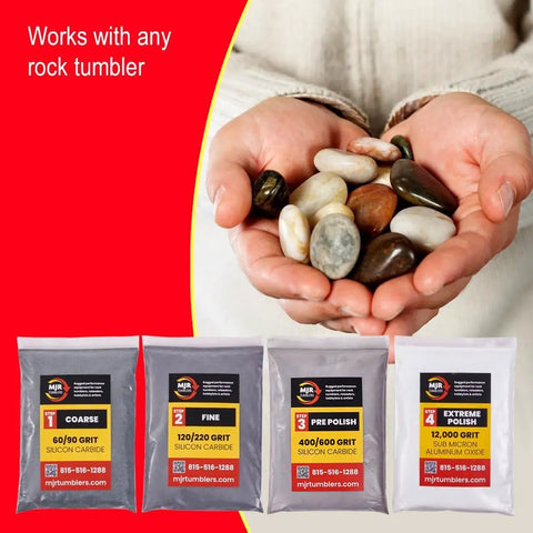 Refill Grit Kit With Top Notch 12,000 Grit Sub Micron Aluminum Oxide Extreme Polish For Unparalleled Rock Tumbler Shine, Silicon Carbide Compatible, For 6 Lb Tumblers, Veteran Owned And Operated, four grit bags and polished stones in hands