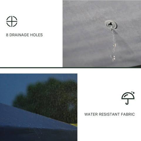 Patio Replacement Canopy Top For 10 By 13 Ft Outdoor Gazebo, Double Tier Polyester Roof With Water Resistant UV Shield And Mesh Netting, grey canopy showing drainage holes and water-resistant fabric feature.