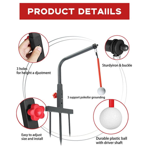 Golf Swing Trainer Adjustable Height Practice Stand For Garden And Outdoor Use Muscle Memory Builder Pro Grade Durable Steel Construction Alignment Aid For Men Golfers Swing Training Equipment with detailed features shown, including adjustable height holes, grounding support poles, sturdy plastic ball, and easy-to-use adjustments.