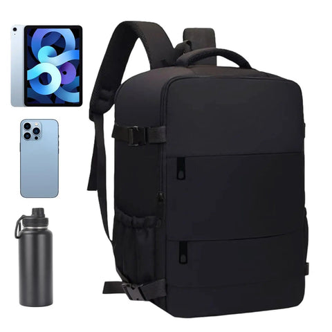Carry On Friendly Hiking Backpack With Expandable Capacity Opens Flat For Easy Packing next to phone, tablet, and water bottle.