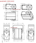 Technical diagram of Beefy 150Kg Full Metal Gear Servo Motor for Robotic Arms and Humanoid Robots with round disk and brackets.