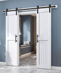 Double 24x84 Inch White Barn Doors With 8 Ft Sliding Door Hardware Kit Included, solid wood waterproof construction, DIY assembly.