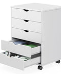 Five Drawer On Wheels Mobile Storage Chest, Space Saving Wooden Dresser For Home Office, White Wood Finish, open drawers visible.
