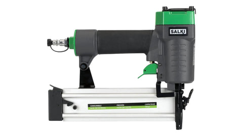 Top Shelf Pneumatic Brad Nailer Heavy Duty Compressed Air Wood Nail Gun side view showing side-loading magazine and trigger safety.