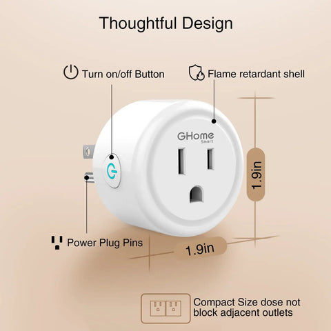 Smart Plug 2.4GHz WiFi Only Works With Alexa And Google Home, Plug And Play Remote App Control And Scheduling Timer, No Hub Required, Stable Quick Connection, ETL FCC Listed For Safe Home Automation showing thoughtful design with dimensions and features