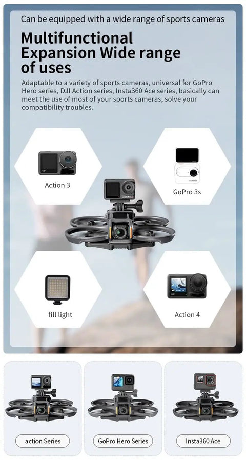 Avata 2 Drone Action Camera Mount Holder with attached Action 3, GoPro 3s, fill light, and Action 4 cameras for versatile use.