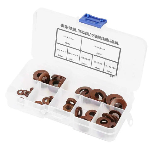 Pro Grade Belleville Disc Spring Washer Set Seven Sizes Built Tough Heavy Duty Compression Gaskets For Industrial Machinery And Steel Construction Shock Absorbers Pack 20 Pcs Each, 7 sizes in storage box