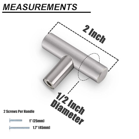 Dimensions of Brushed Nickel 5 Pack Single Hole Cabinet Knobs And Stainless Steel T Bar Handles Set, 2 Inch length, 1/2 Inch diameter