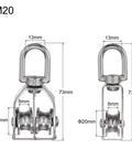 M20 Heavy-Duty Pulley Block 2 Pack With Single And Double Wheel Stainless Steel Swivel Rigging Lifting Wheel, dimensions shown