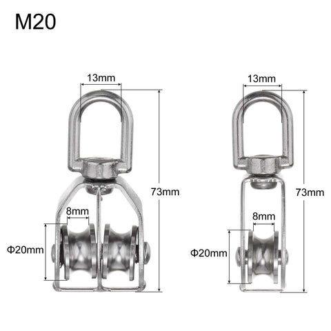 M20 Heavy-Duty Pulley Block 2 Pack With Single And Double Wheel Stainless Steel Swivel Rigging Lifting Wheel, dimensions shown