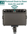 Powerful 50W LED Flood Light With Dusk-To-Dawn Sensor back view showing photocell sensor detail, waterproof outdoor security light