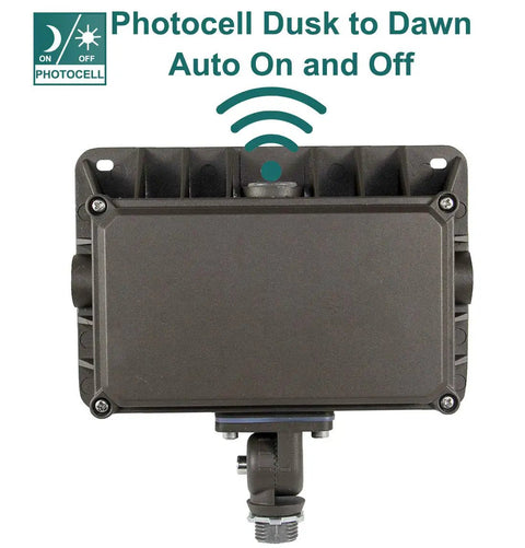 Powerful 50W LED Flood Light With Dusk-To-Dawn Sensor back view showing photocell sensor detail, waterproof outdoor security light