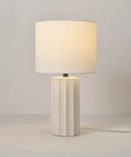 20 Inch Rustic Table Lamp with Ribbed Concrete Base and White Linen Shade, Cottagecore Accent Light for Living Room, Bedroom or Office