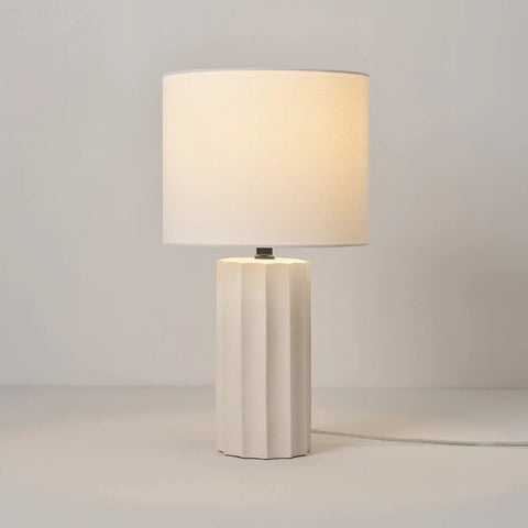 20 Inch Rustic Table Lamp with Ribbed Concrete Base and White Linen Shade, Cottagecore Accent Light for Living Room, Bedroom or Office