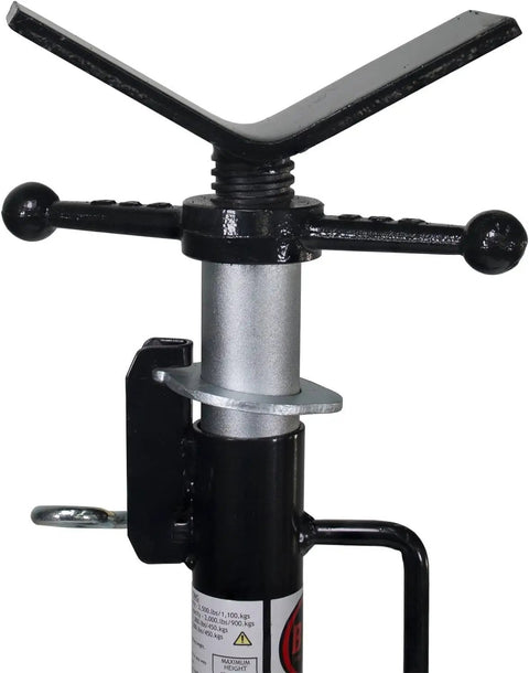 High Profile Adjustable Pipe Jack Stand With V Head And Folding Legs Heavy Duty 2,500 Lb Capacity 32 To 48 Inch Height Compact 25 Inch Footprint