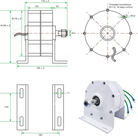 Diagrams and photo of 12000W Low RPM Permanent Magnet Generator For Wind Turbines, with dimensions and gearless PMAC alternator.