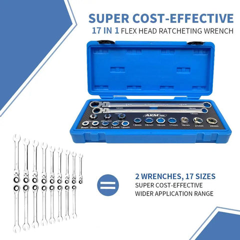 Flex Head Ratcheting Wrench Set 8 To 22 Mm Metric, 72 Tooth, shown in blue storage box open with wrenches displayed.