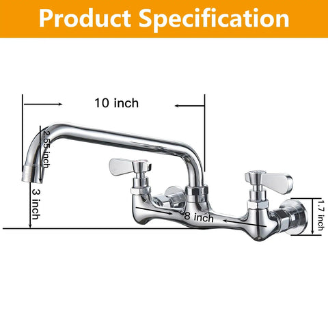 Heavy Duty Wall Mount Utility Sink Faucet With 10 Inch Chrome Swivel Spout, 2-Handle Bar Style Mixer Tap For Kitchen, size diagram