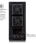 Back view of Top Shelf 8 Bay Hard Drive Enclosure with dual smart fans and USB 3.1 Gen-II port for fast data transfer.
