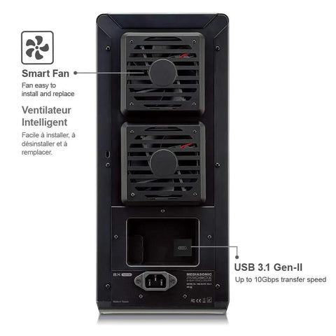 Back view of Top Shelf 8 Bay Hard Drive Enclosure with dual smart fans and USB 3.1 Gen-II port for fast data transfer.