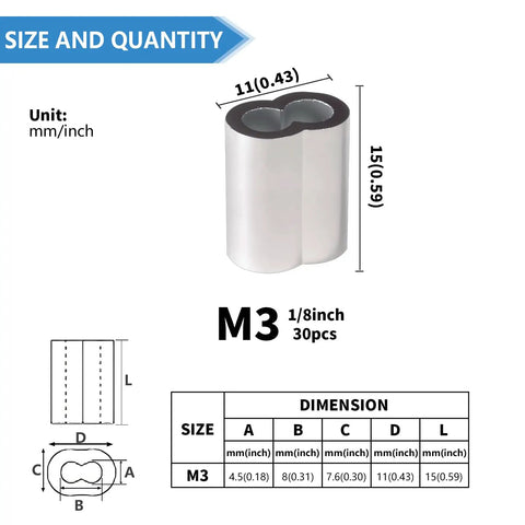 1/8 Inch Aluminum Crimp Loop Sleeve For Wire Rope, 3mm Cable Ferrules, Heavy Duty Crimp Loops, Rust Resistant Aluminum Ferrules, Easy Crimp With Pliers Or Crimp Tool, Pack Of 30 size chart showing M3 dimensions
