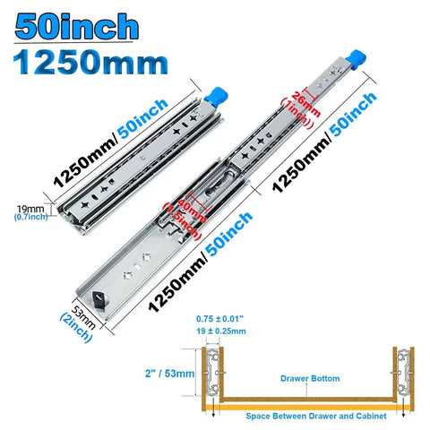 Heavy Duty Drawer Slides With Secure Locking Mechanism And Full Extension Side Mount Runners For Kitchen Cabinets, Home Desks, And Camper Vans, 50 inch/1250mm length.