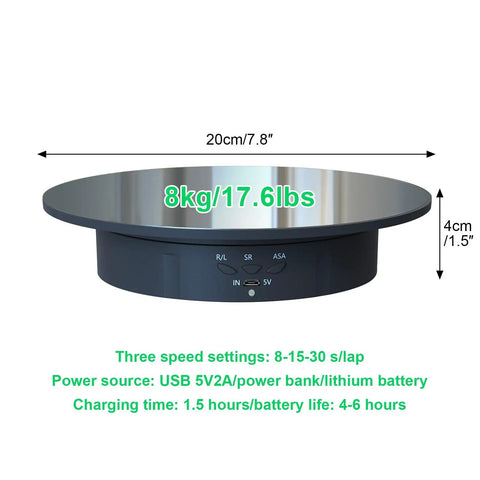 Electric Motorized Rotating Display Stand With 360 Degree Turntable For Product Photography Jewelry Cake And 3D Models That Spins Smoothly Shows Everything From Every Angle Like A Boss At Work. This turntable measures 7.8 inches and supports 17.6 lbs.